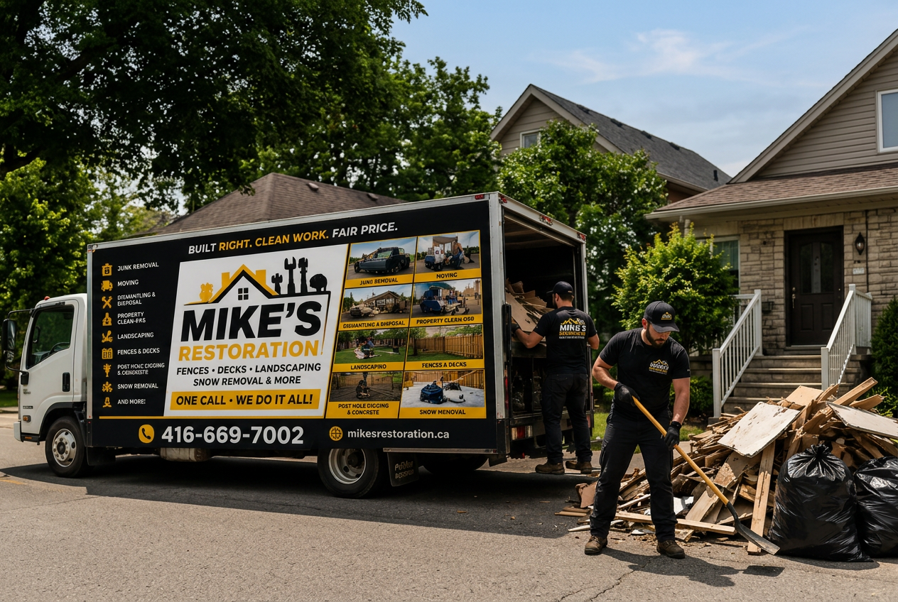 Mike's Restoration branded box truck and crew clearing junk at a Toronto home